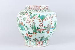 A GOOD LARGE CHINESE FAMILLE VERTE PORCELAIN JAR, painted with figures in a landscape, six character