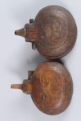 TWO OTTOMAN LEATHER AND WOOD WATER VESSELS. 6ins wide.