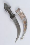 A FINE 19TH CENTURY OTTOMAN HORN HILTED DAGGER with gold overlaid silver scabbard. Blade 10ins