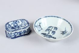 A CHINESE BLUE AND WHITE CIRCULAR BOWL, 6ins diameter, and a rectangular blue and white dish (2).