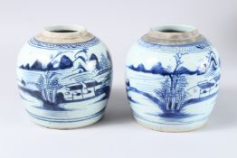 TWO CHINESE BLUE AND WHITE GINGER JARS, landscape and sea patterns. 7ins high.