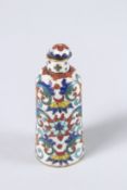 A SMALL 19TH CENTURY CLOISONNE ENAMEL CIRCULAR SNUFF BOTTLE AND STOPPER. 3ins high.