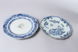 TWO CHINESE BLUE AND WHITE 18TH CENTURY PLATES.