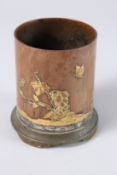 A GOOD JAPANESE BRONZE SPILL VASE decorated with locusts, birds and bamboo. 4ins high x 3.25ins