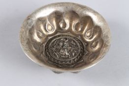 A HEAVY CHINESE WHITE METAL CIRCULAR CENSER. 4.75ins diameter.