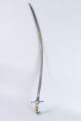 A 19TH CENTURY PERSIAN SHAMSHIR SWORD with silver mounted handle and very fine watered steel