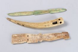 THREE EARLY, possibly Coptic, BONE FRAGMENTS / TOOLS. 7ins long.