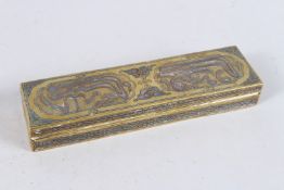 A FINE 19TH CENTURY SYRIAN DAMASCUS SILVER AND COPPER INLAID BRASS PEN BOX. 9ins long.
