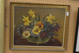 Still life of flowers in a bowl, oil on board.