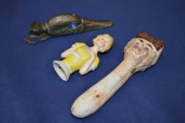 Porcelain pin dolly, duck head paper clip etc.