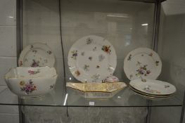 Five Meissen floral decorated plates with basket weave rims and other decorative china.
