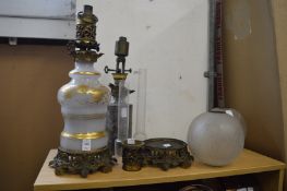 Decorative opaque glass and ormolu lamp etc.