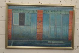 An ornate facade of a house with door and shutters, oil on canvas.