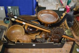 Miscellaneous wooden items together with a walking stick and parasol frame.