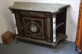 A decorative French style marble top side cabinet with ormolu mounts and enamelled column supports.