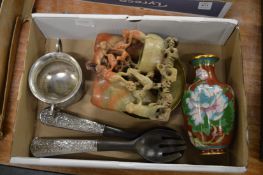 Carved soapstone group, cloisonne vase etc.