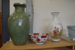 Chinese celadon vase (rim chipped), together with an imari style bowl and a Peking style glass