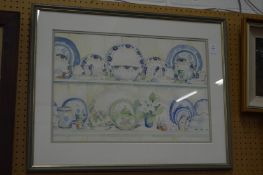 Lynda Richens, two shelves of china, watercolour.