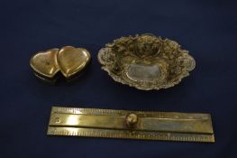 Small embossed silver bon-bon dish and two other items.