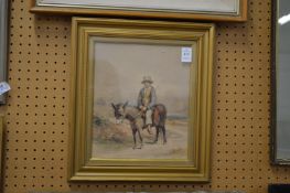 A young man on a donkey, watercolour.