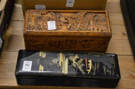 A Japanese lacquer box together with a Chinese carved wood box and cover.
