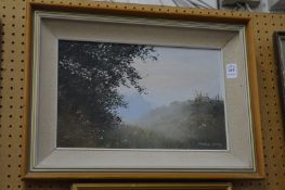 Pamela Derry, misty landscape, oil on board, signed.