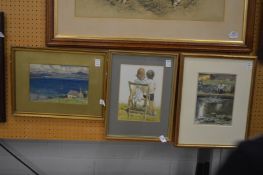 Trevor Chamberlain, an artist sketching by a pond, watercolour and two other watercolours.