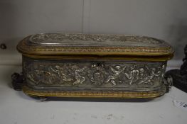 A French silver plated and brass casket in classical style.