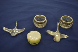 Pair of cut glass salts and other items.