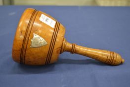 A good turned pollard oak mallet, mounted with two silver shield shaped plaques engraved with