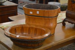 An Eastern metal bound wooden bucket with cover/jardinere.