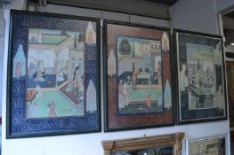 Indian School, figures seated in a pagoda, painting on fabric, set of three.