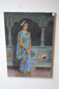 Portrait of a lady wearing a sari, oil on canvas, unframed.