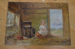 Cottage interior with girl seated by a cradle, oil on board, unframed.
