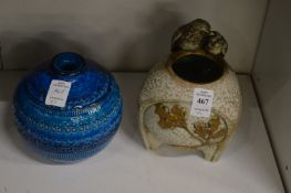 Ernst Wahliss, a love birds vase together with an Italian blue glazed pottery vase.