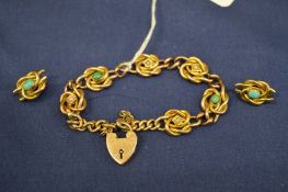 An 18ct gold curb link style bracelet with matching earrings inset with turquoise and pearls