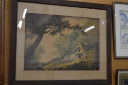 Attributed to William Payne, landscape with cottage, watercolour.