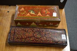 A lacquer box together with an Indian lacquer casket and cover with hunting scenes.