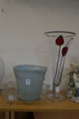 Two glass vases and a moulded glass dish.