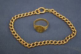 9ct gold curb link bracelet and signet ring.