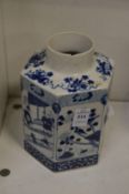 A Chinese blue and white hexagonal shaped tea canister (rim chipped and cracked).