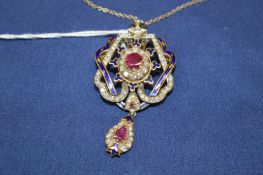 A good 18ct gold, diamond, ruby and enamel pendant.