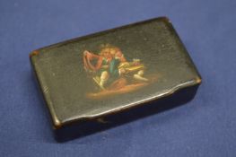 A small lacquered papier mache rectangular snuff box, the cover decorated with two seated figures.