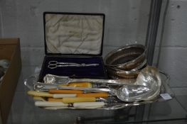 A plated tray, pair of plated bottle coaster, flatware etc.