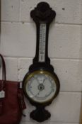 Victorian oak cased barometer and thermometer.