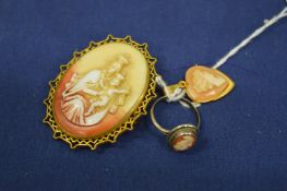Cameo brooch, pendant and ring.