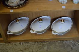 Three Royal Doulton English Renaissance oval shaped vegetable dishes and covers.