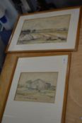 Two watercolour and charcoal sketches of rural scenes.