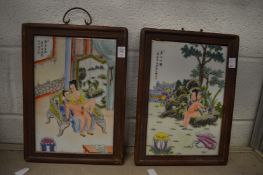 A pair of Chinese erotic porcelain panels, framed.