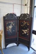 A Japanese two section folding screen, the panels inset with various hard stone and bone